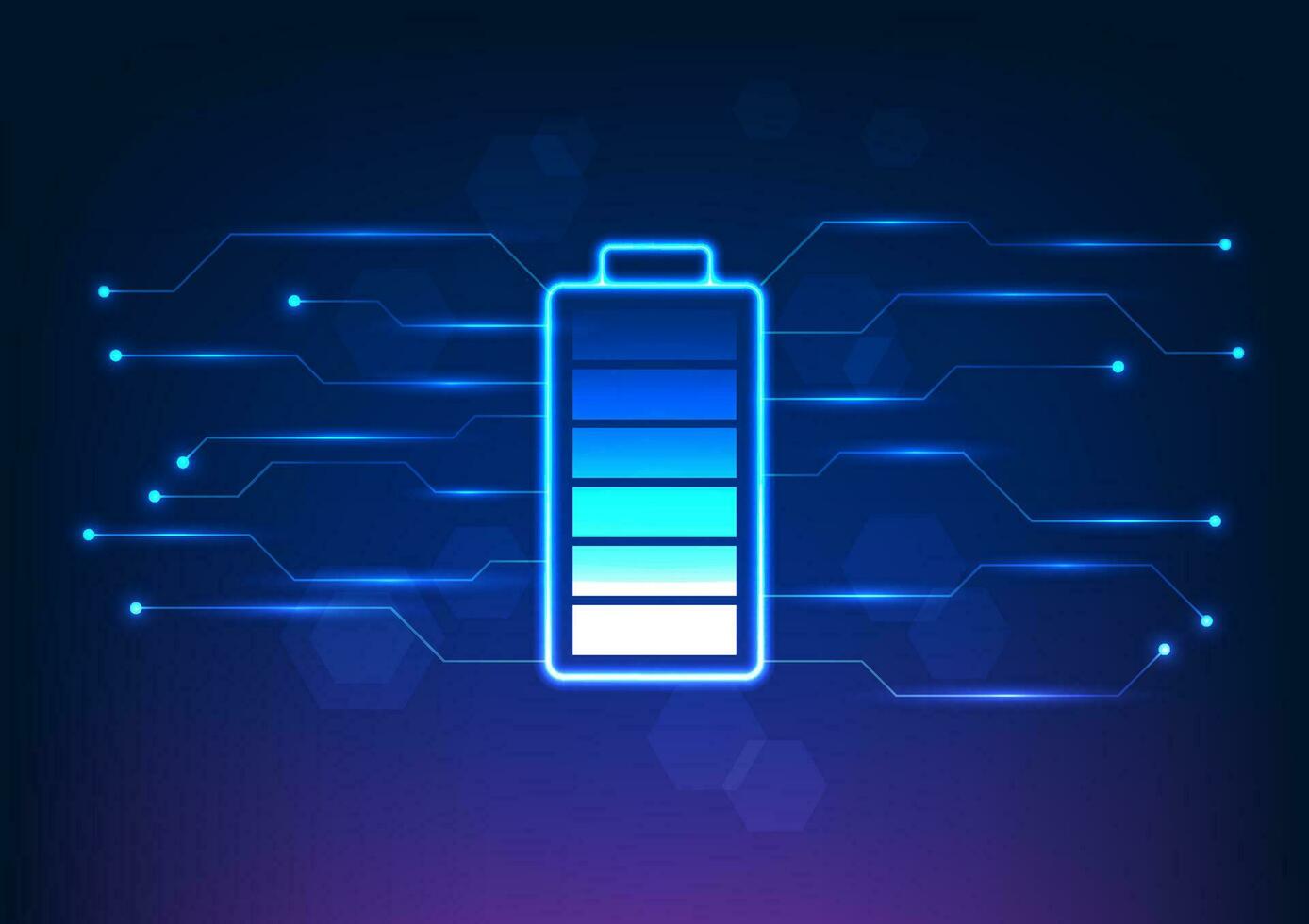 Battery technology is connected to the circuit. It is a vector illustration in blue tones. The background is geometric shapes. The concept of battery technology is to keep electrical devices powered.