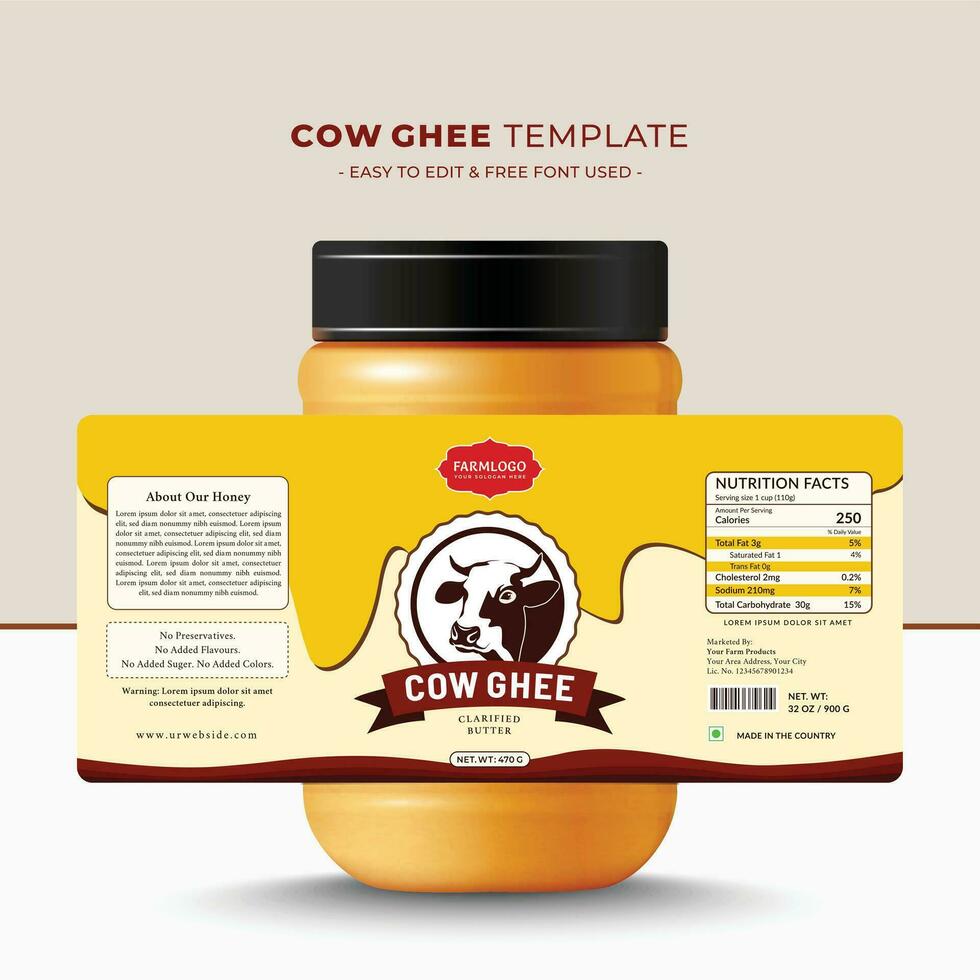 vaca ghee diseño pegatina y etiqueta, vaca cabeza prima calidad manteca, leche, crema, mermelada, nuez granja Fresco lechería producto, salud botella vaso tarro dulce moderno creativo vector impresión natural diseño.