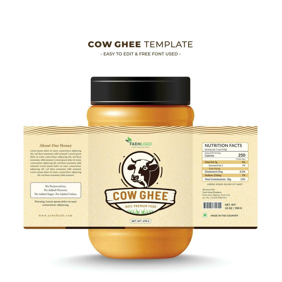 Cow ghee design sticker and  label, cow head premium quality butter, milk, cream, jam, nut farm fresh dairy product, health bottle glass jar sweet modern creative vector print natural design.