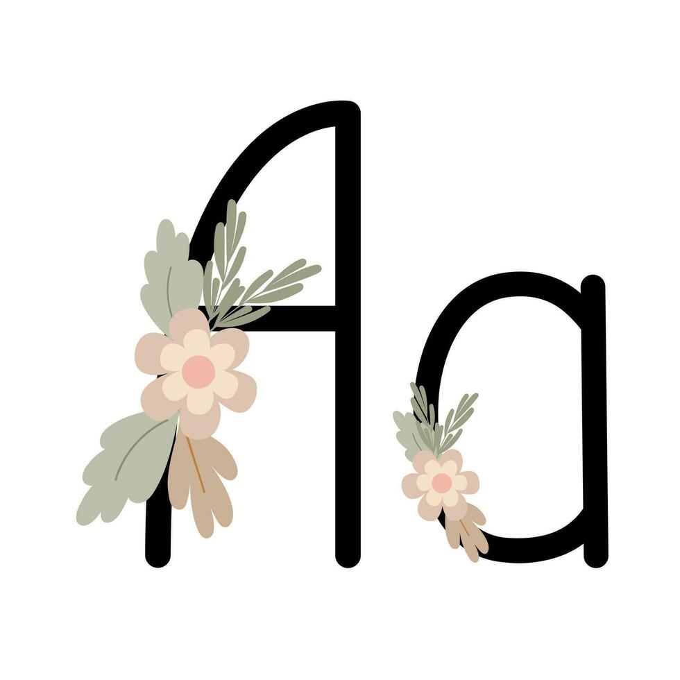 Letter A of English, Latin alphabet uppercase, lowercase decorated with flowers, floral monogram vector illustration in simple boho style, flat pastel colored decorative lettering