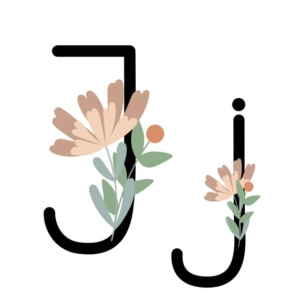 Letter J of English, Latin alphabet uppercase, lowercase decorated with flowers, floral monogram vector illustration in simple boho style, flat pastel colored decorative lettering