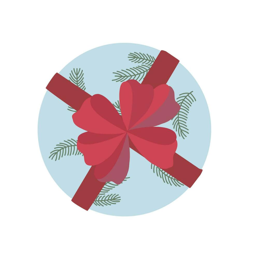 Christmas gift box with ribbon and bow red and beige vector illustration, Merry Christmas and Happy New Year festive traditional winter holiday decor, ornament for poster, greeting card, sticker