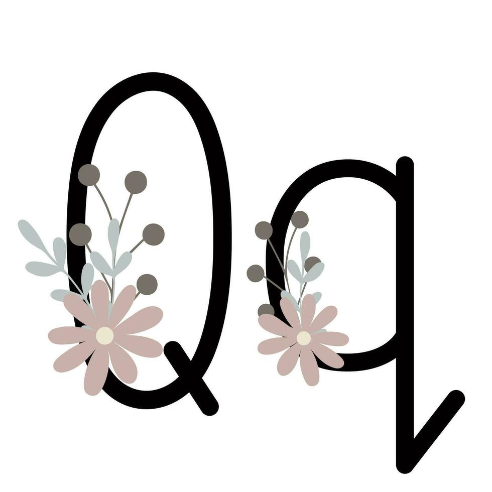 Letter Q of English, Latin alphabet uppercase, lowercase decorated with flowers, floral monogram vector illustration in simple boho style, flat pastel colored decorative lettering