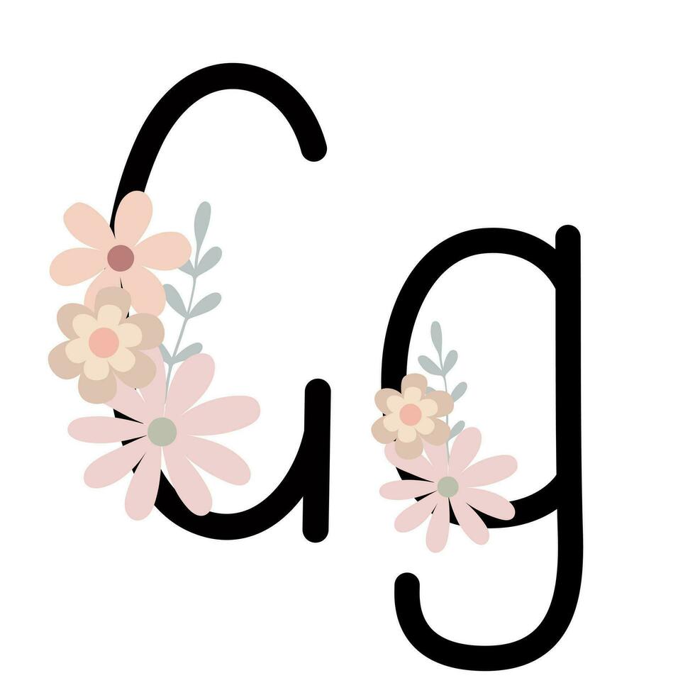 Letter G of English, Latin alphabet uppercase, lowercase decorated with flowers, floral monogram vector illustration in simple boho style, flat pastel colored decorative lettering