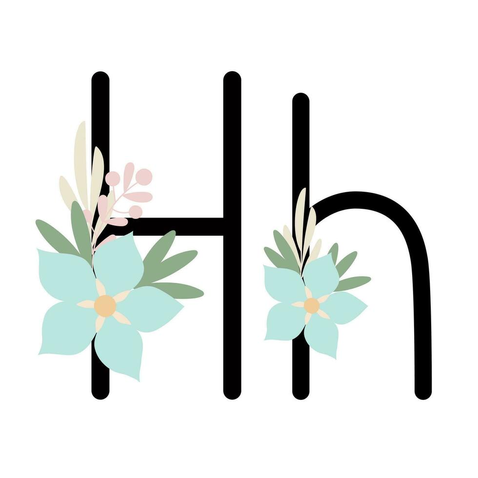 Letter H of English, Latin alphabet uppercase, lowercase decorated with flowers, floral monogram vector illustration in simple boho style, flat pastel colored decorative lettering