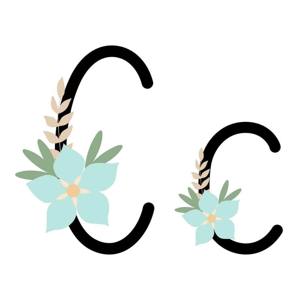 Letter C of English, Latin alphabet uppercase, lowercase decorated with flowers, floral monogram vector illustration in simple boho style, flat pastel colored decorative lettering