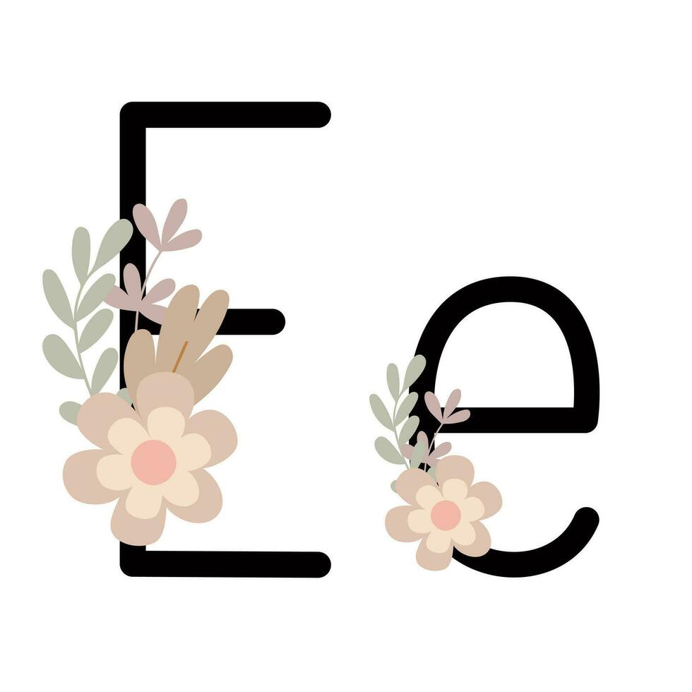 Letter E of English, Latin alphabet uppercase, lowercase decorated with flowers, floral monogram vector illustration in simple boho style, flat pastel colored decorative lettering