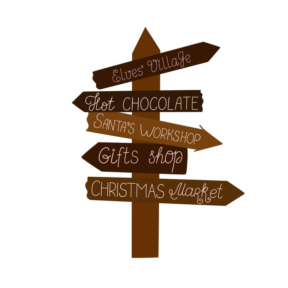 Christmas sign showing direction to Santa's workshop, Christmas market, elf village, gift shop, hot chocolate flat style vector illustration, festive winter holidays celebration decor element