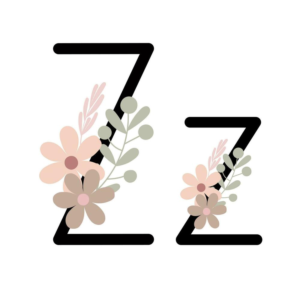Letter Z of English, Latin alphabet uppercase, lowercase decorated with flowers, floral monogram vector illustration in simple boho style, flat pastel colored decorative lettering