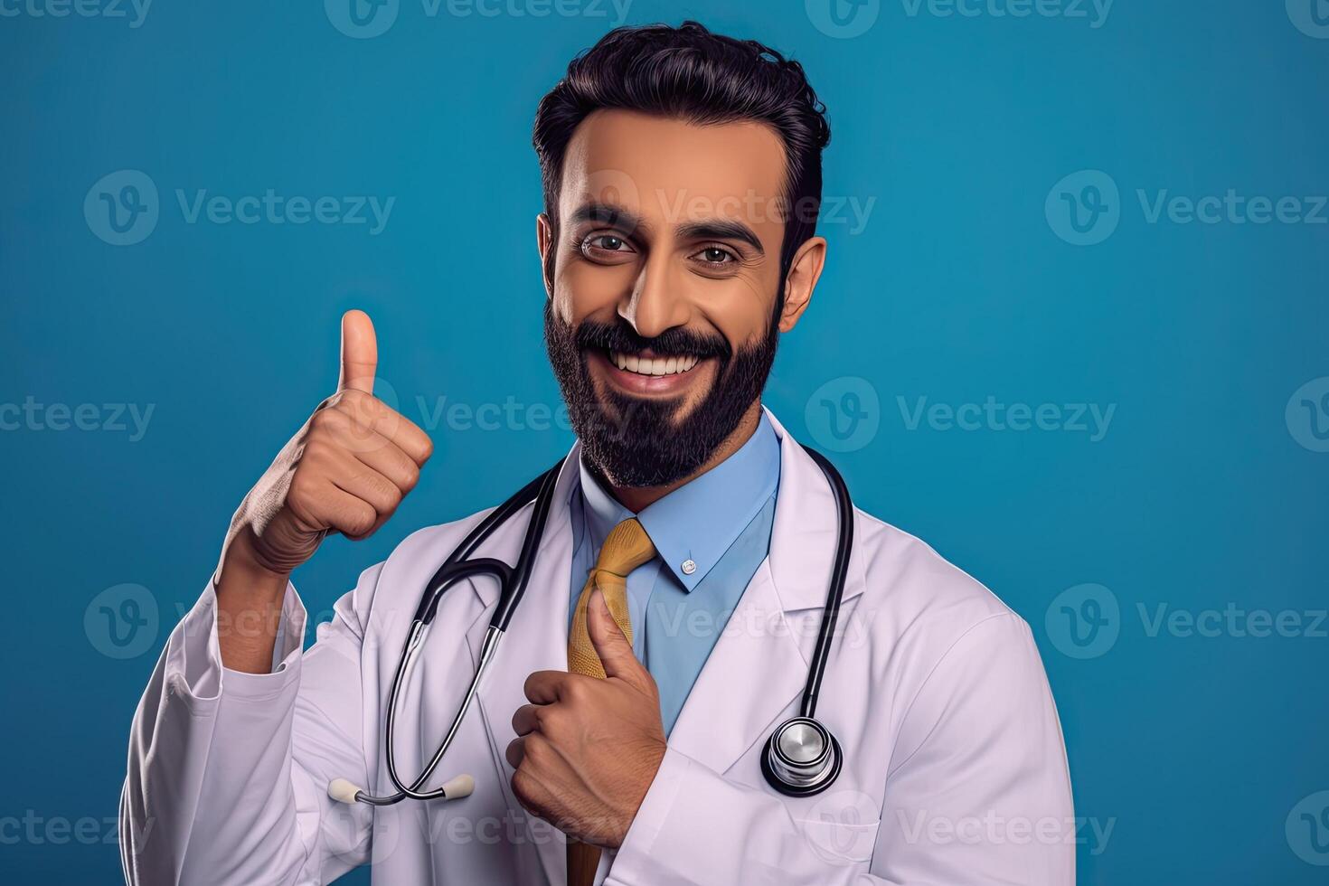illustration of handsome Arabian doctor with stethoscope in white coat showing thumb up on blue background photo