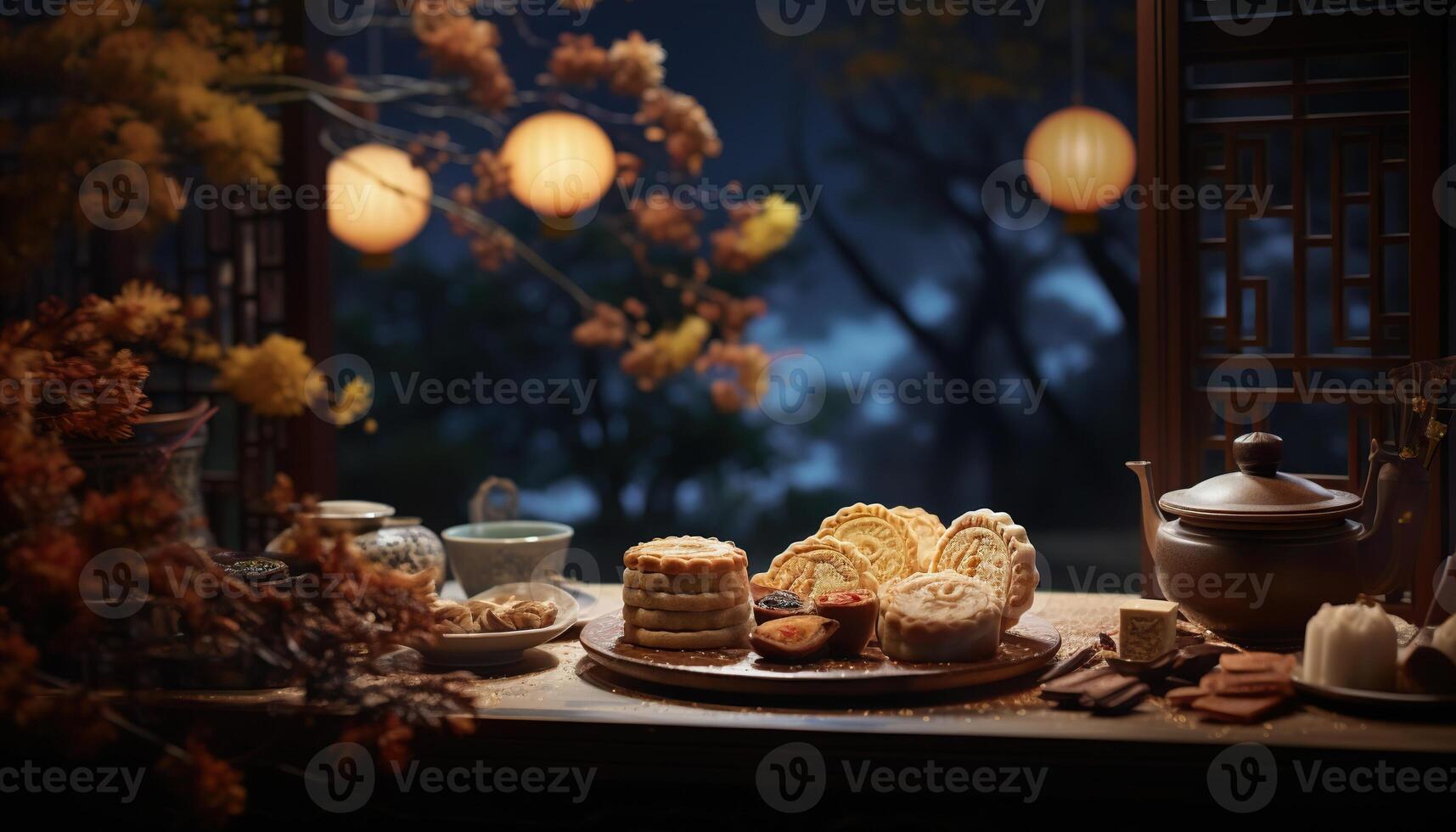 illustration of Chinese Mid Autumn Festival moon cakes arranged on a traditional Chinese porcelain plate, set on a rustic wooden table photo