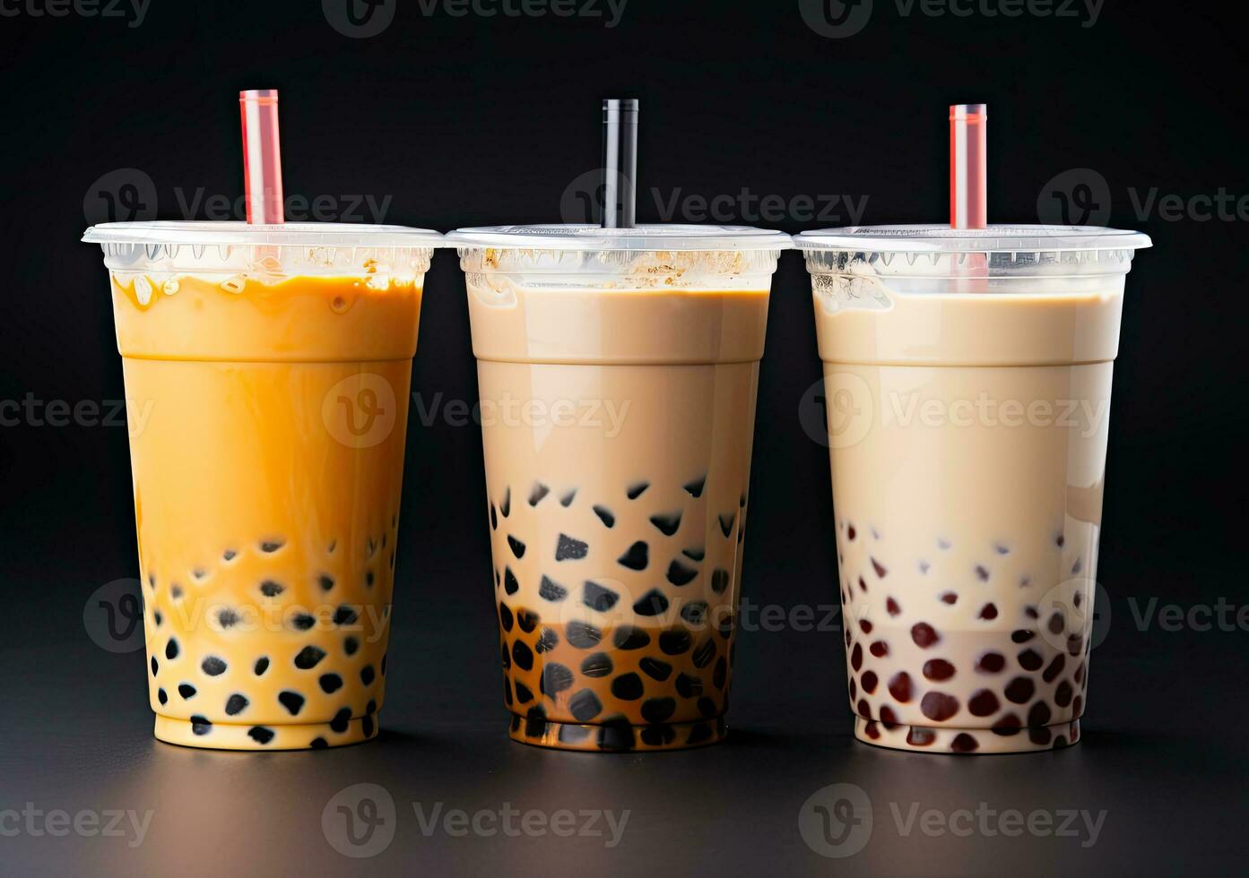 generativo ai ilustración de producto foto de 3 el plastico tazas de boba Leche té, con burbujas, divertido, sólido suave pastel antecedentes