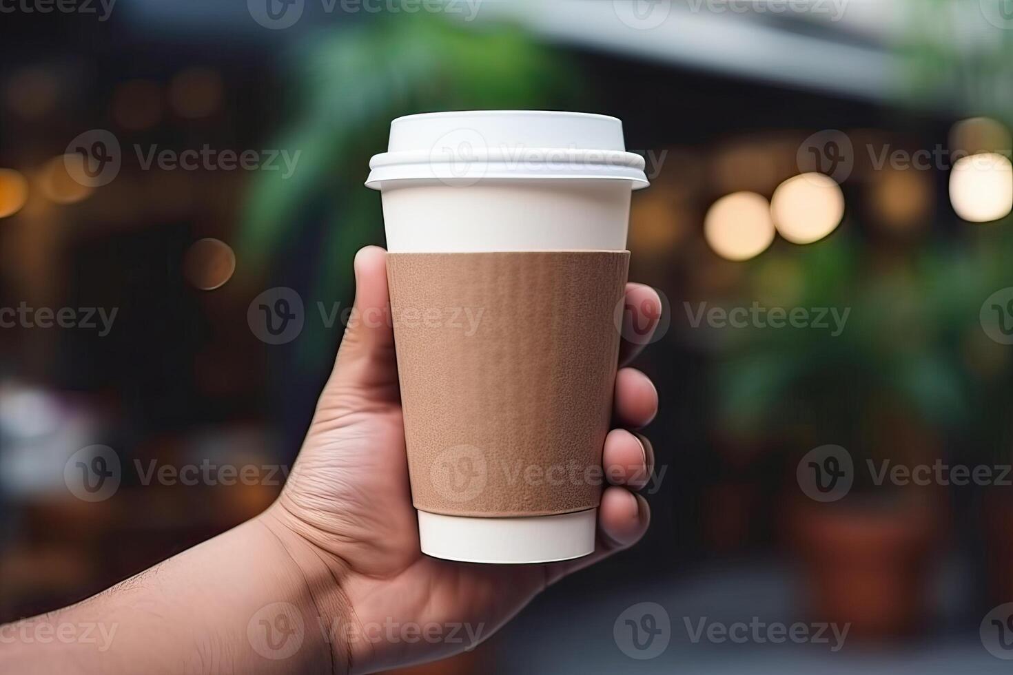 Generative AI illustration of paper coffee cup in a hand with isolated blurry background photo