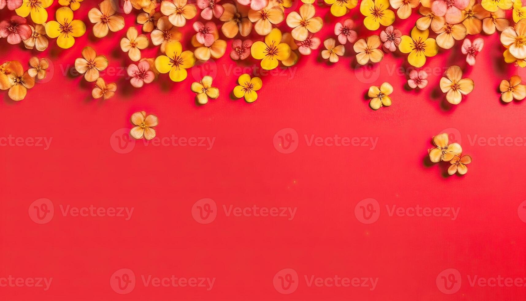 illustration of many small beautiful yellow flower blossoms on red pastel background with copy space. photo