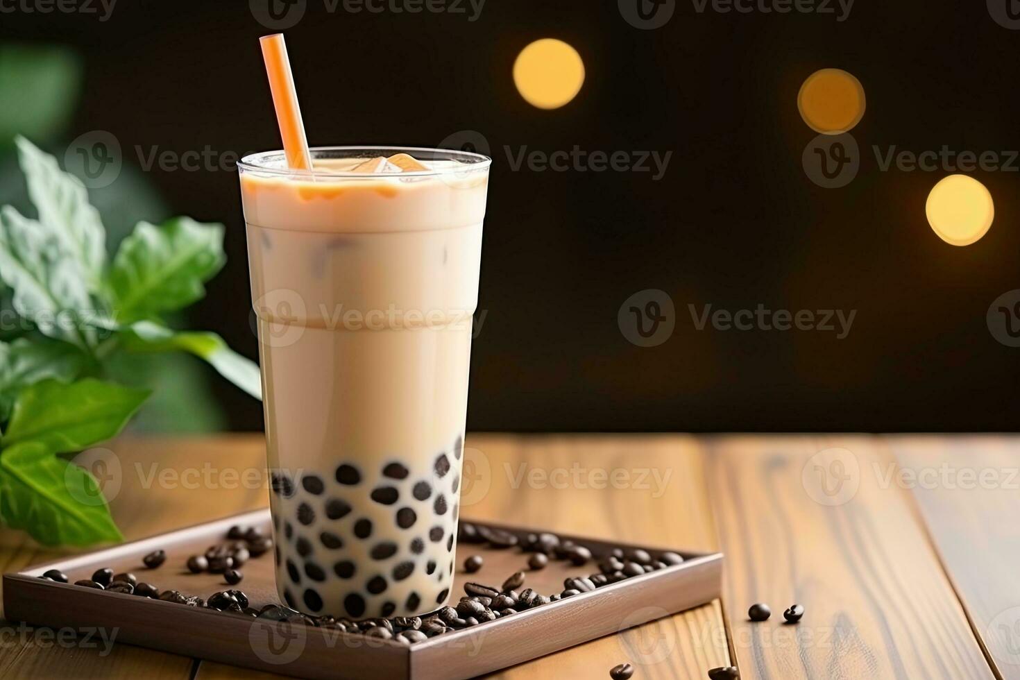 Generative AI illustration of Taiwan boba milk tea with bubble on wood table photo