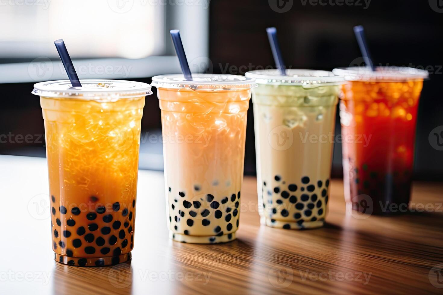 Generative AI illustration of plastic cups of boba milk tea, with bubbles, close-up shot, depth of field, gourmet dessert, blurry background photo