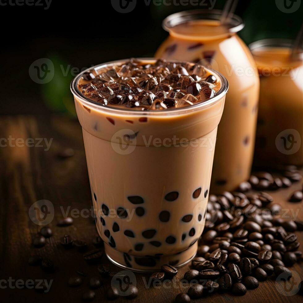 Generative AI illustration of chocolate boba tea close-up shot, depth of field, gourmet dessert photo