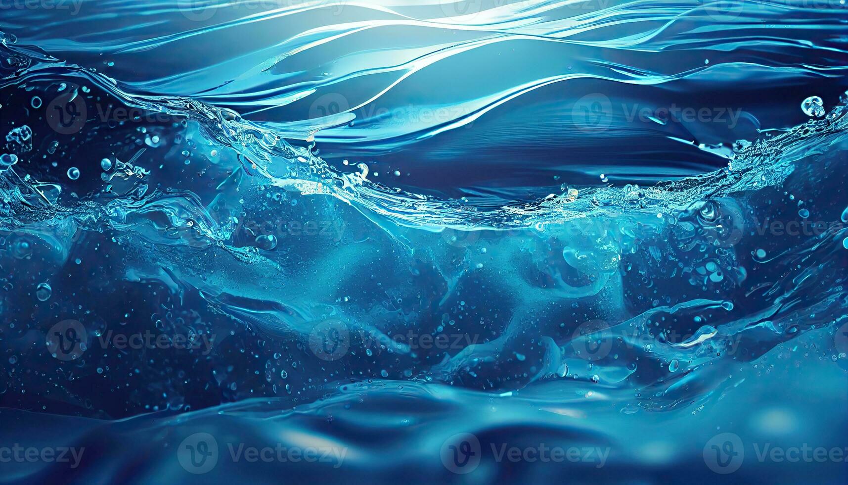 Generative AI illustration of transparent blue clear water surface texture with ripples, splashes and bubbles. Abstract summer banner background, water waves in sunlight with copy space photo