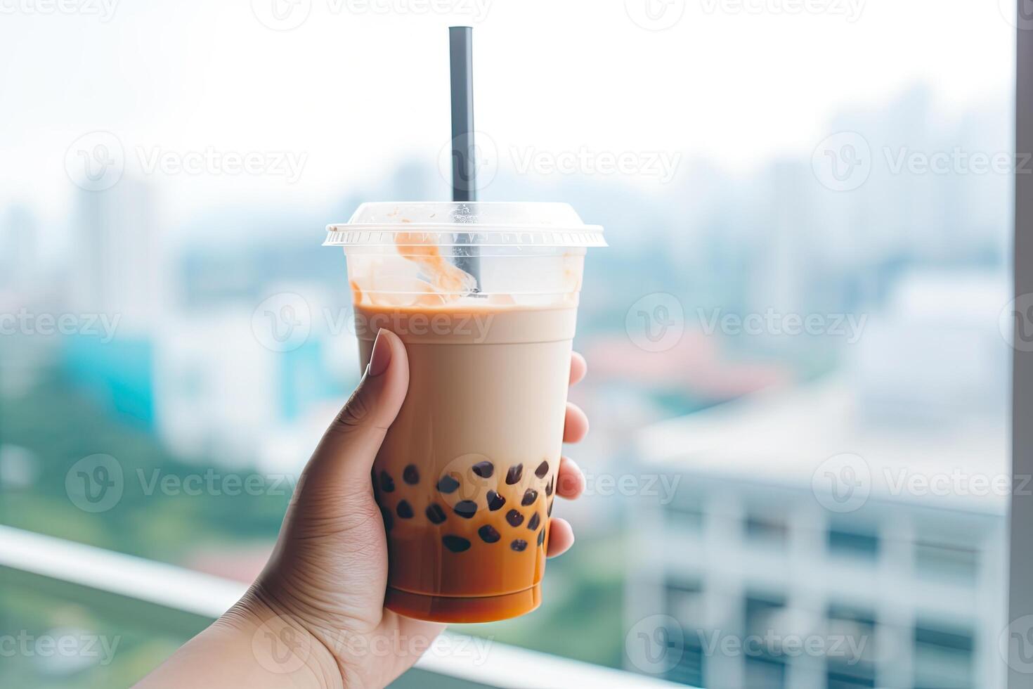 illustration of hand holding Taiwan milk tea and blurry background photo