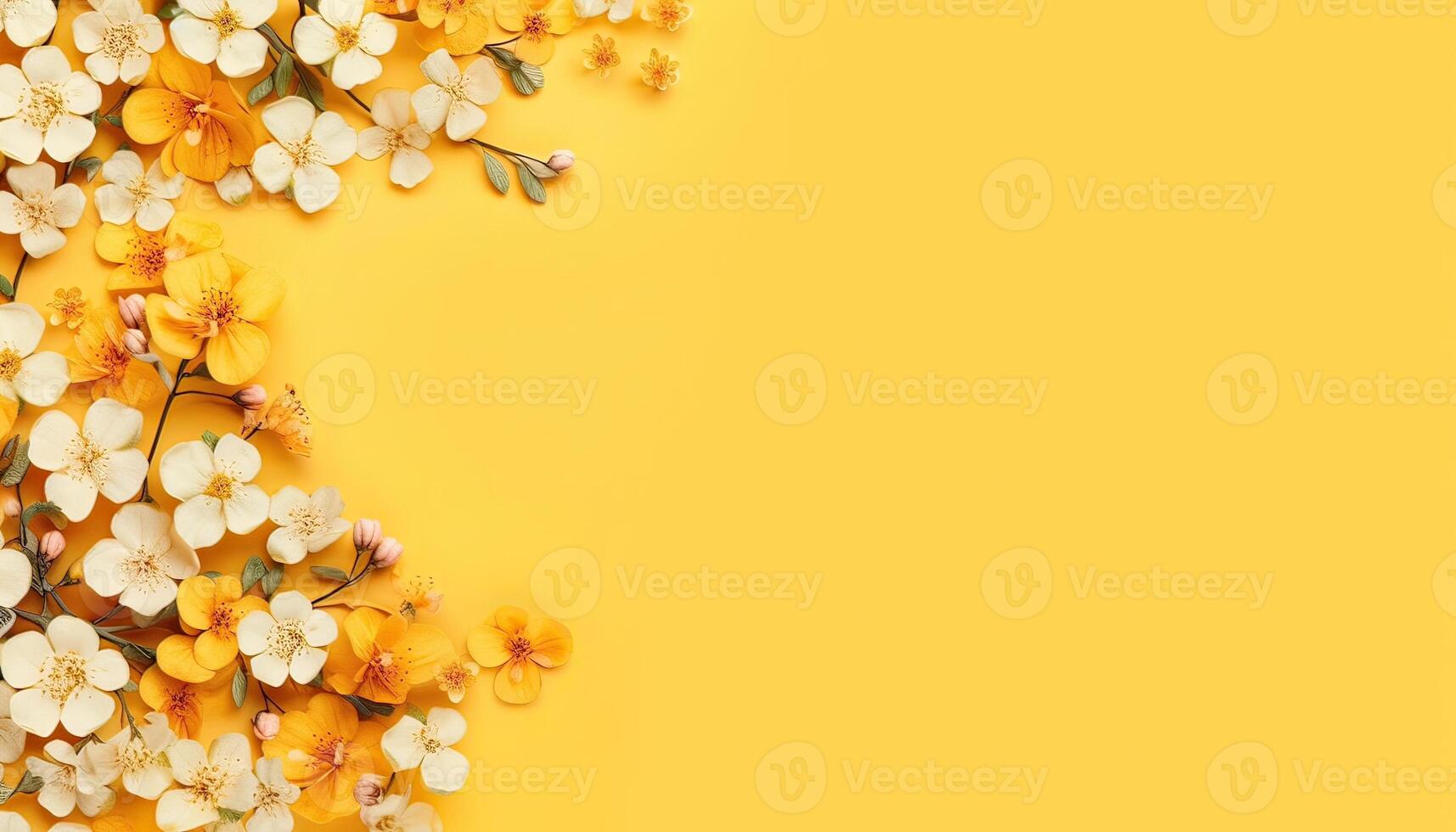 illustration of many small beautiful yellow flower blossoms on yellow pastel background with copy space photo