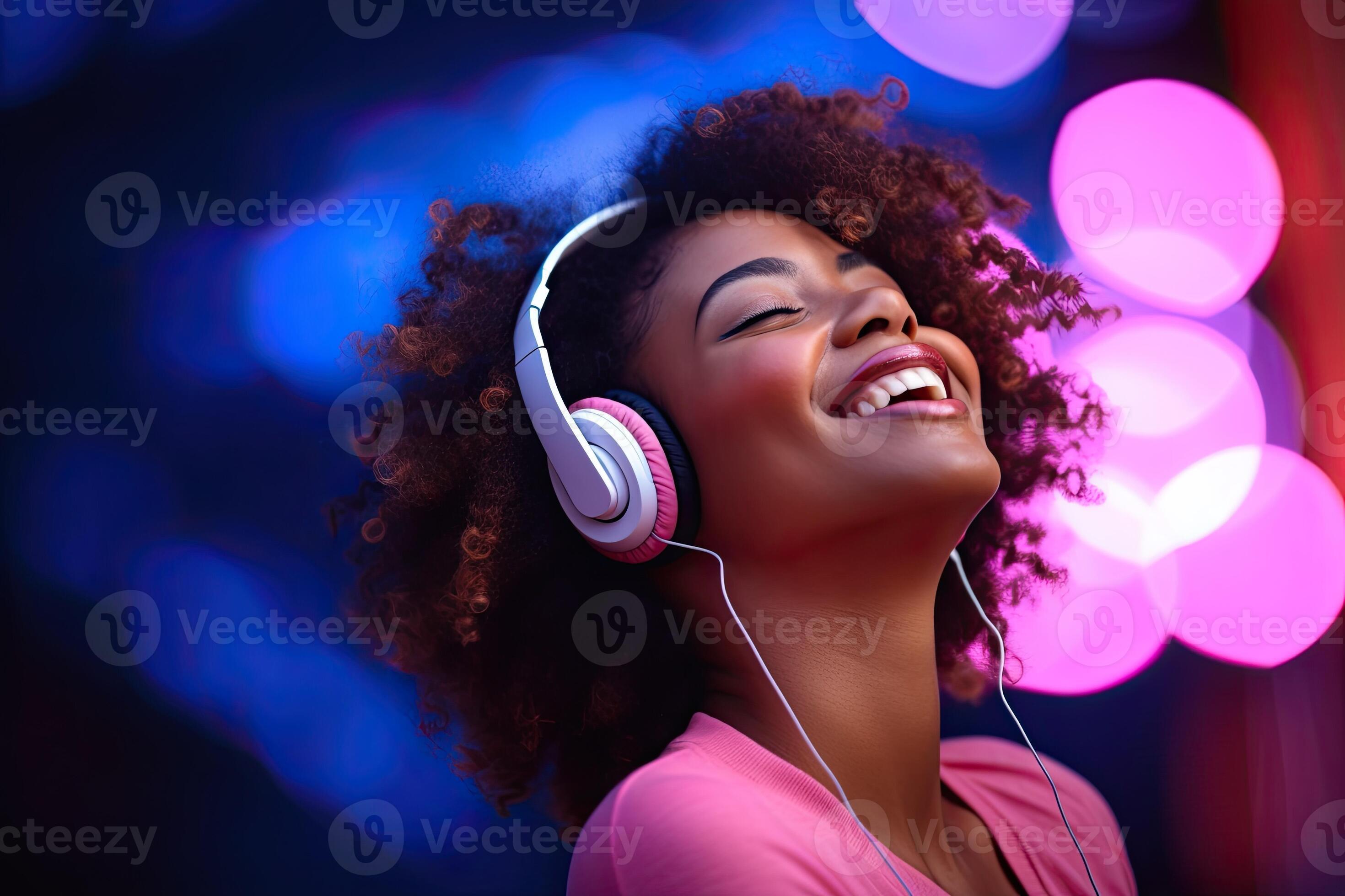 Generative AI illustration of smiling woman listening to music