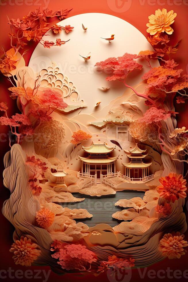 Generative AI illustration of chinese festival on color background with asian elements. Mid Autumn, Tet Holiday and Lunar New year holiday photo