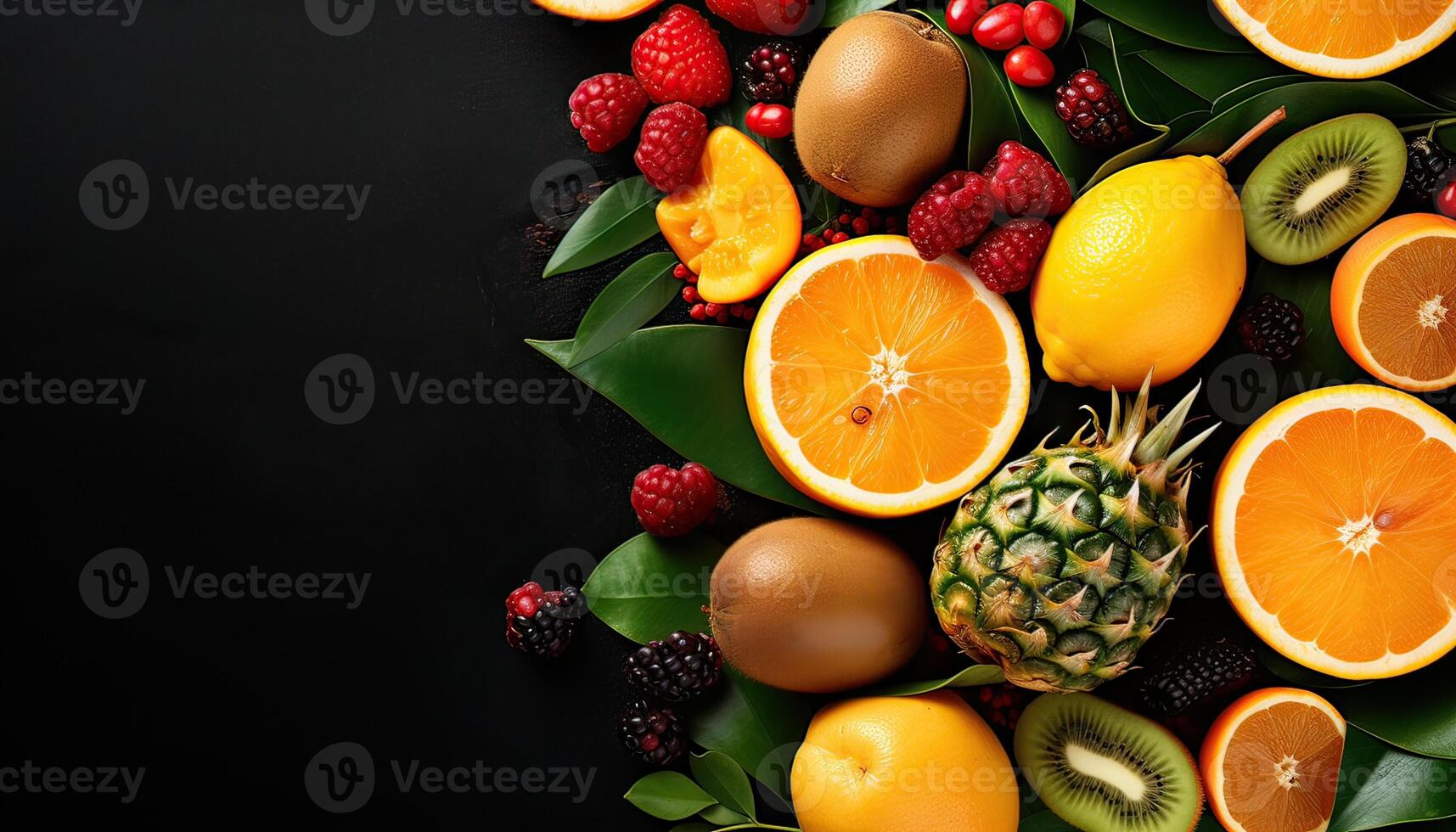 illustration of fresh tropical fruits on dark rustic wooden background photo