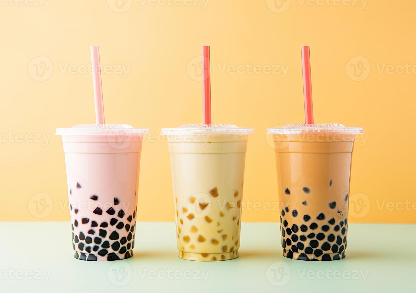 Generative AI illustration of product photo of 3 plastic cups of boba milk tea, with bubbles, fun, solid soft pastel background