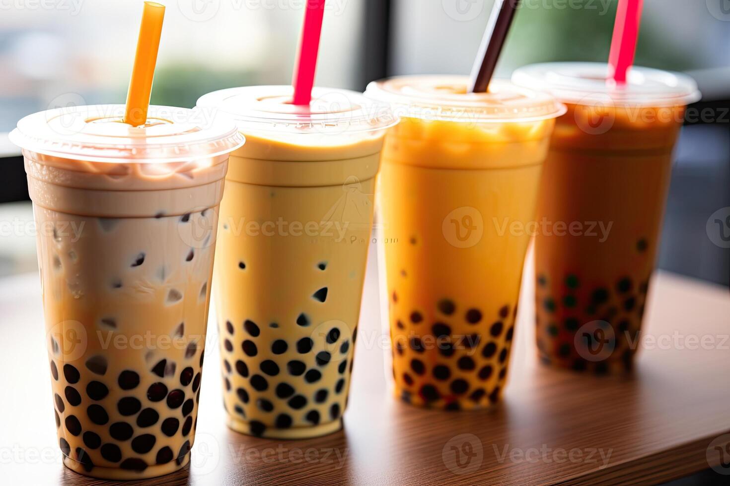 illustration of plastic cups of boba milk tea, with bubbles, close-up shot, depth of field, gourmet dessert, blurry background photo
