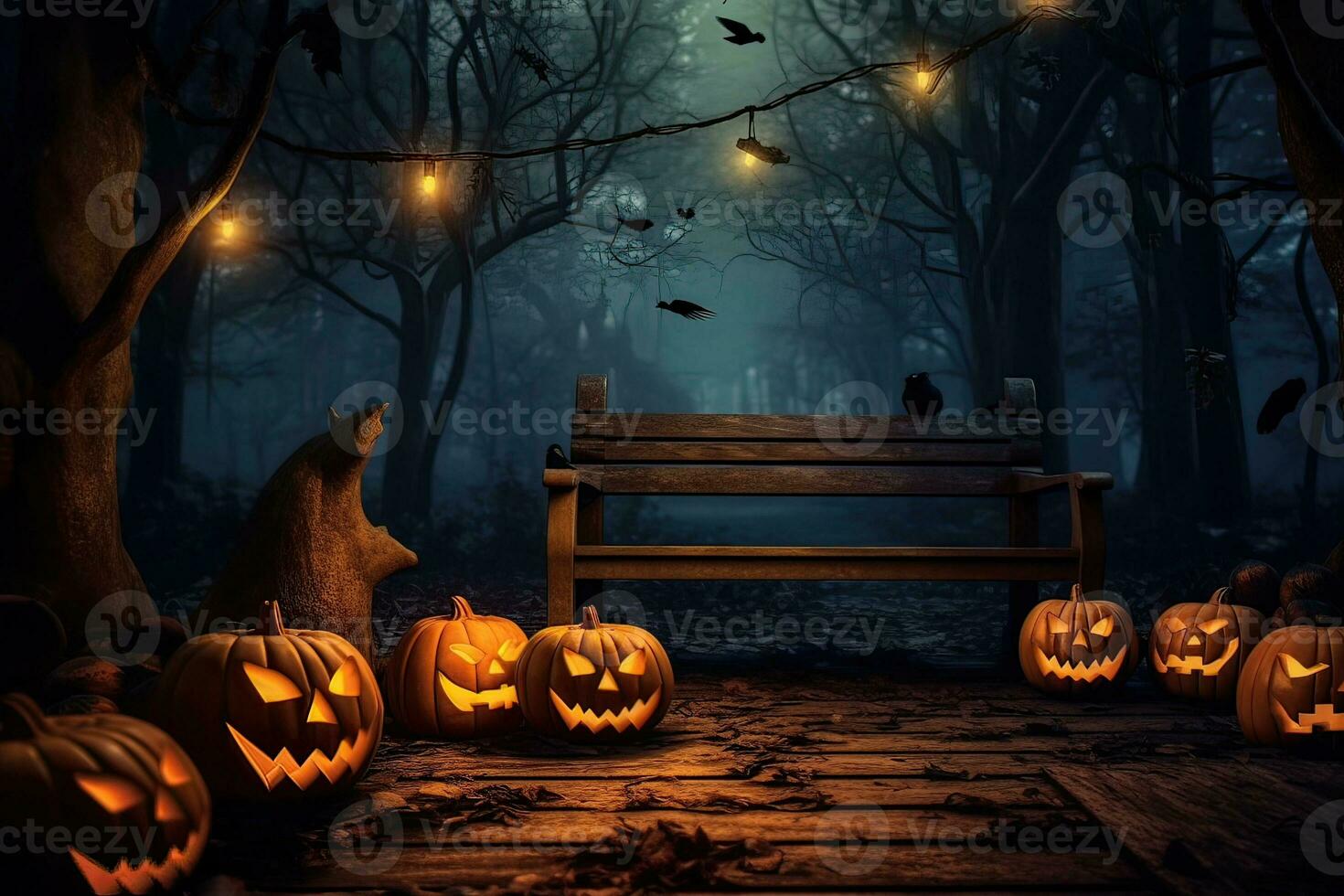 Generative AI illustration of a spooky forest sunset with a haunted evil glowing eyes of Jack O' Lanterns on the left of a wooden bench on a scary halloween night photo