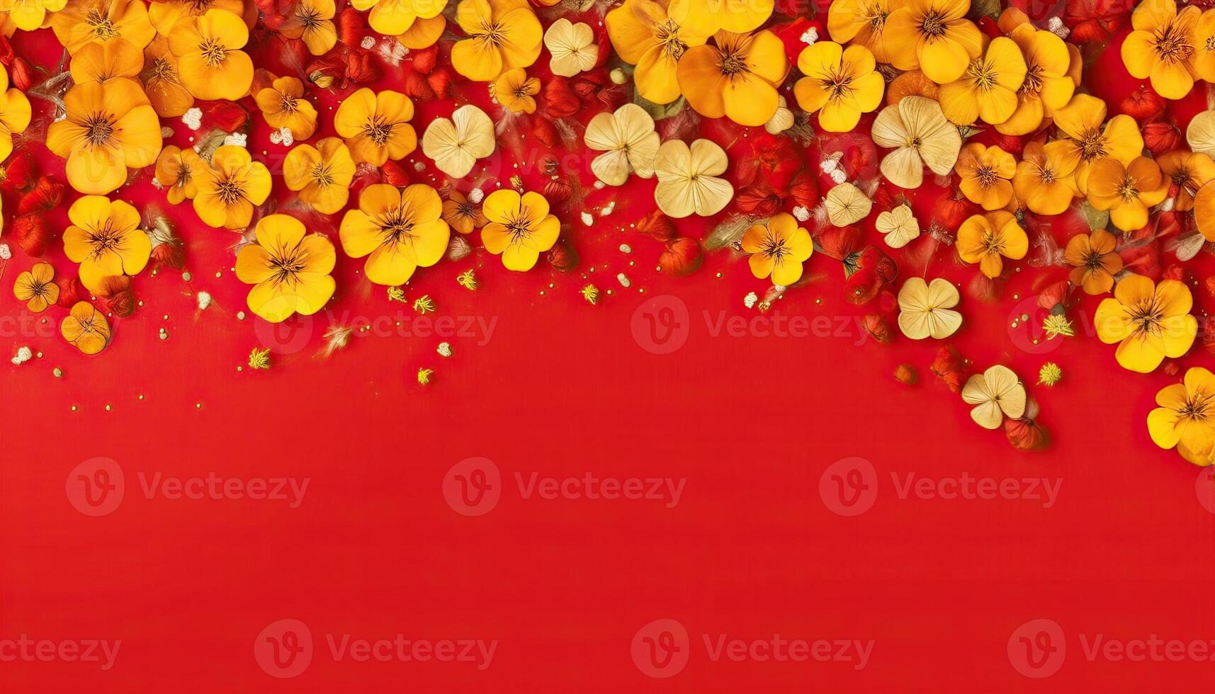 Generative AI illustration of many small beautiful yellow flower blossoms on red pastel background with copy space. photo