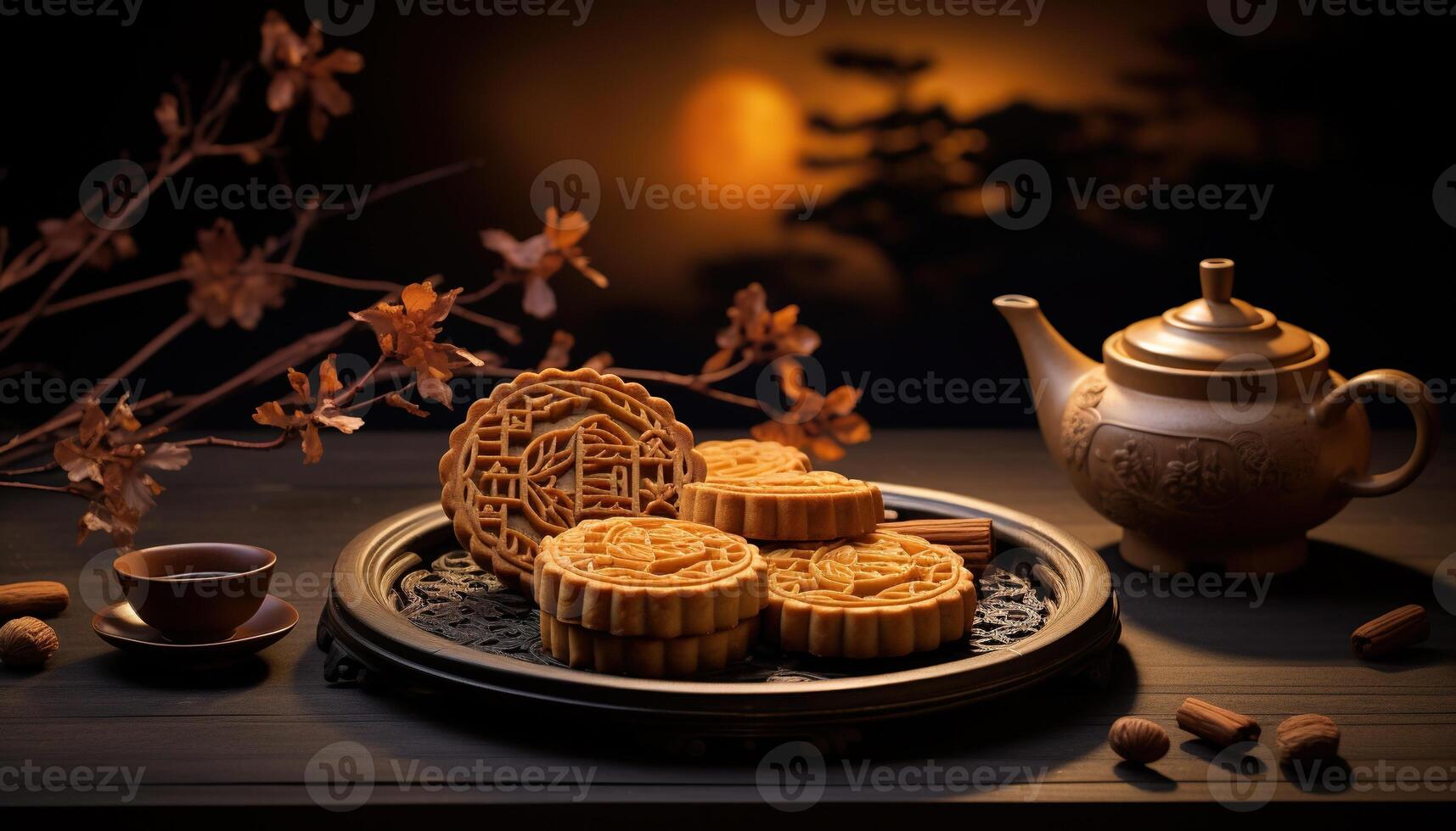 illustration of Chinese Mid Autumn Festival moon cakes arranged on a traditional Chinese porcelain plate, set on a rustic wooden table photo