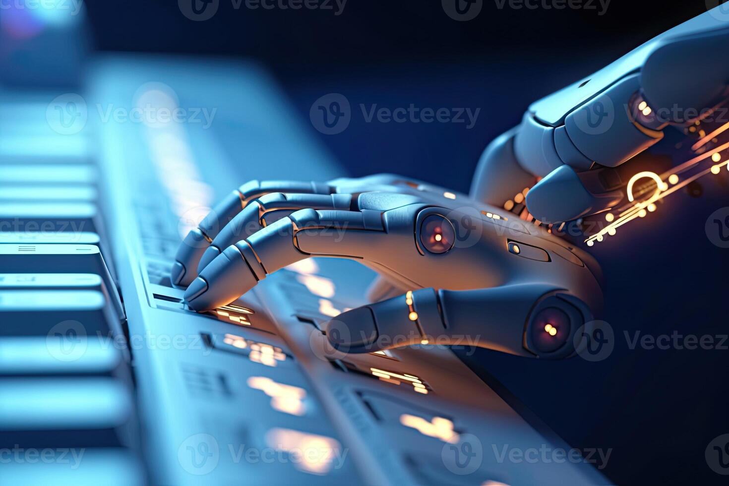 Generative AI illustration of hands of robot typing on keypad. Robotic cyborg hand using keyboard computer. photo