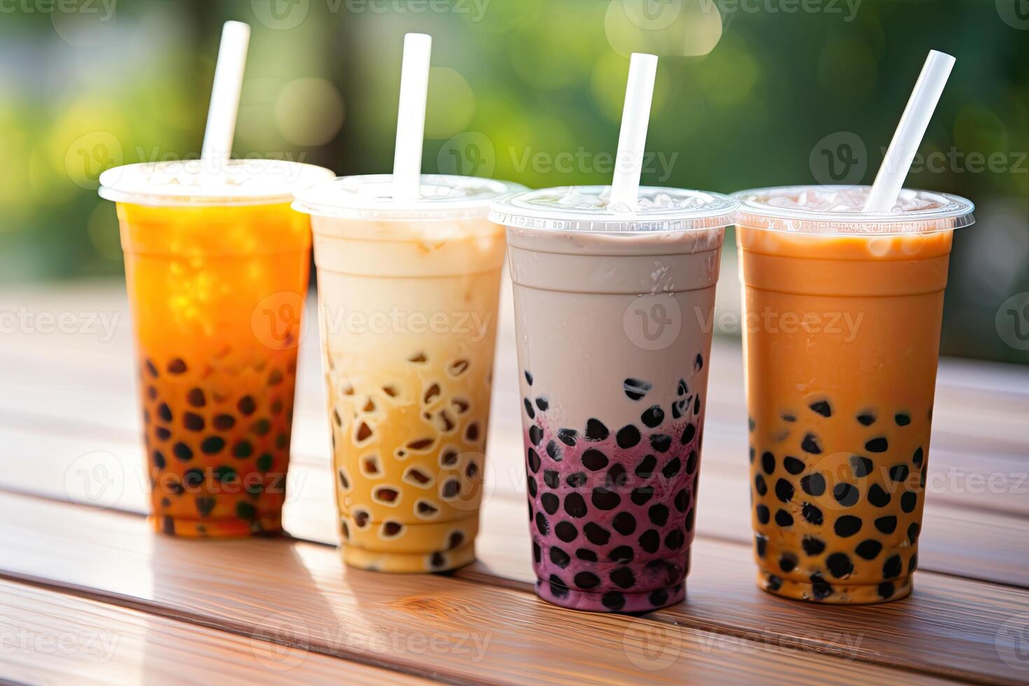 Generative AI illustration of plastic cups of boba milk tea, with bubbles, close-up shot, depth of field, gourmet dessert, blurry background photo