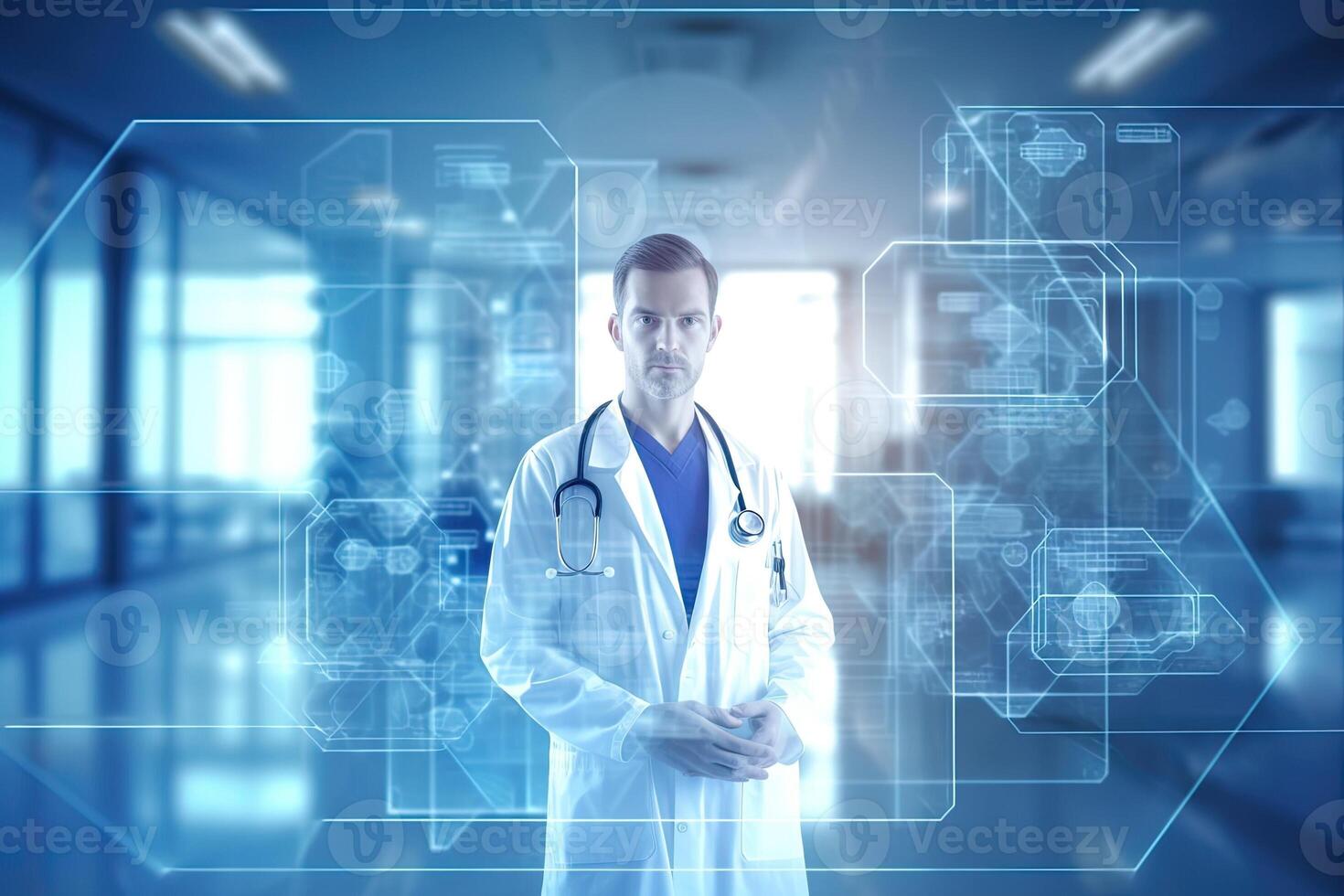 Generative AI illustration of tele medicine, virtual hospital, medical technology background. Medicine doctor health icons medical network connection with blurred interior hospital background photo