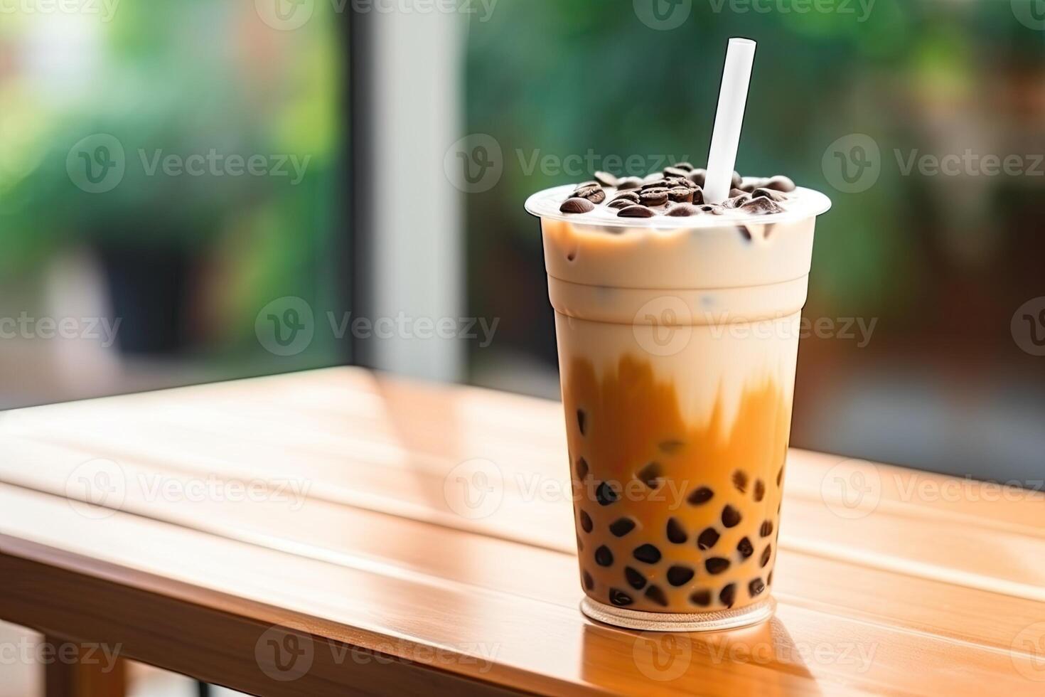 illustration of Taiwan boba milk tea with bubble on wood table photo