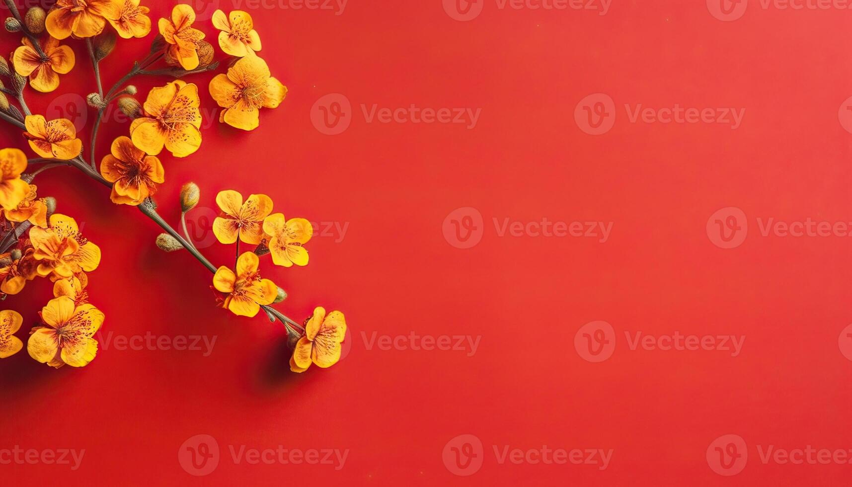 Generative AI illustration of many small beautiful yellow flower blossoms on red pastel background with copy space. photo