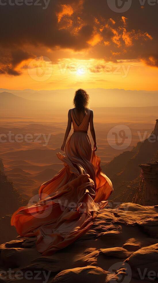 illustration of a landscape of mountains far away and desert of sand dunes, sunset piercing cloudy sky. Woman walking alone photo