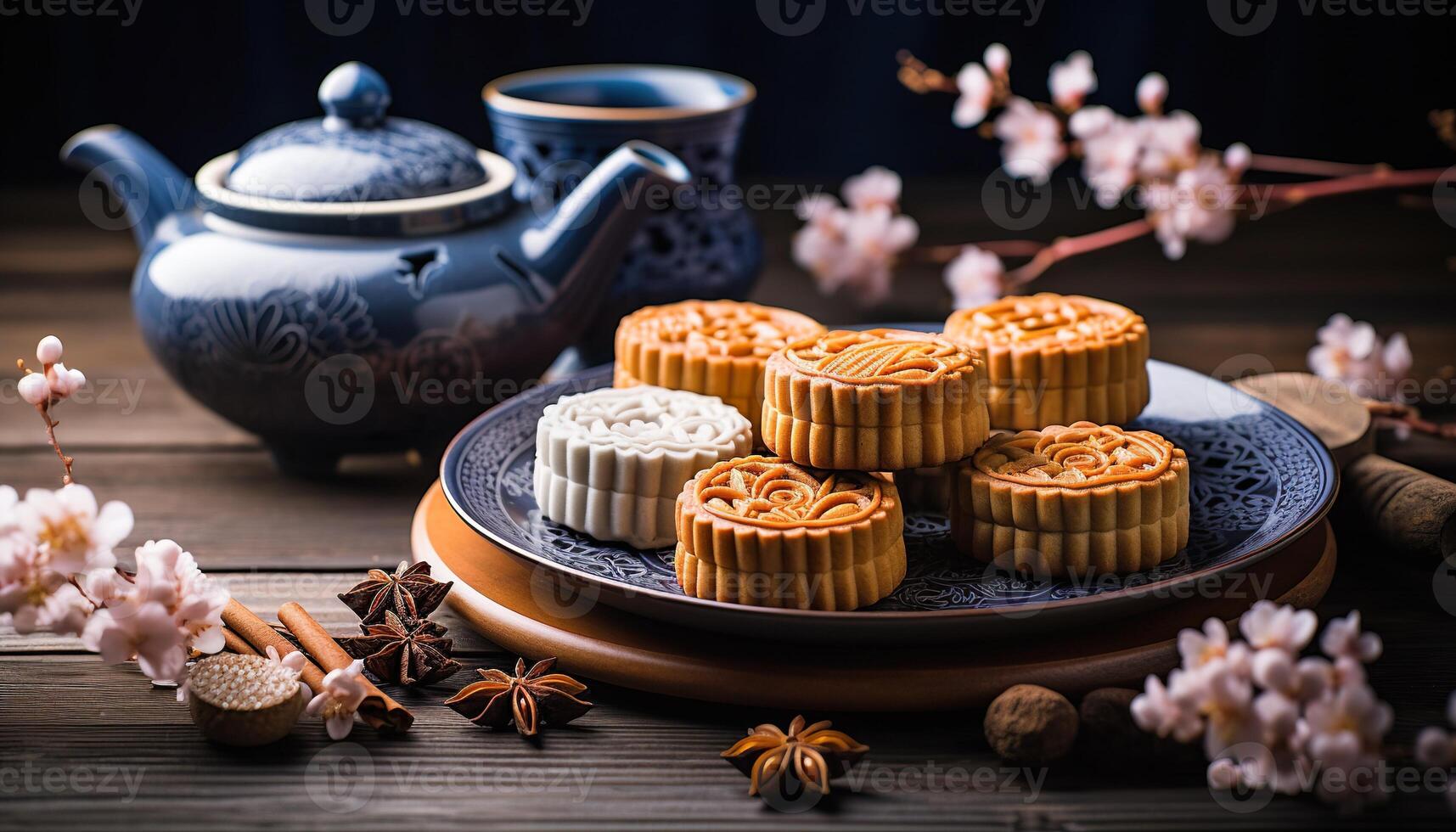 illustration of Chinese Mid Autumn Festival moon cakes arranged on a traditional Chinese porcelain plate, set on a rustic wooden table photo
