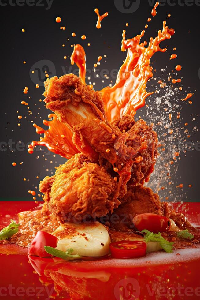 illustration of red chili pepper splashing with Fried Chicken on solid color background photo