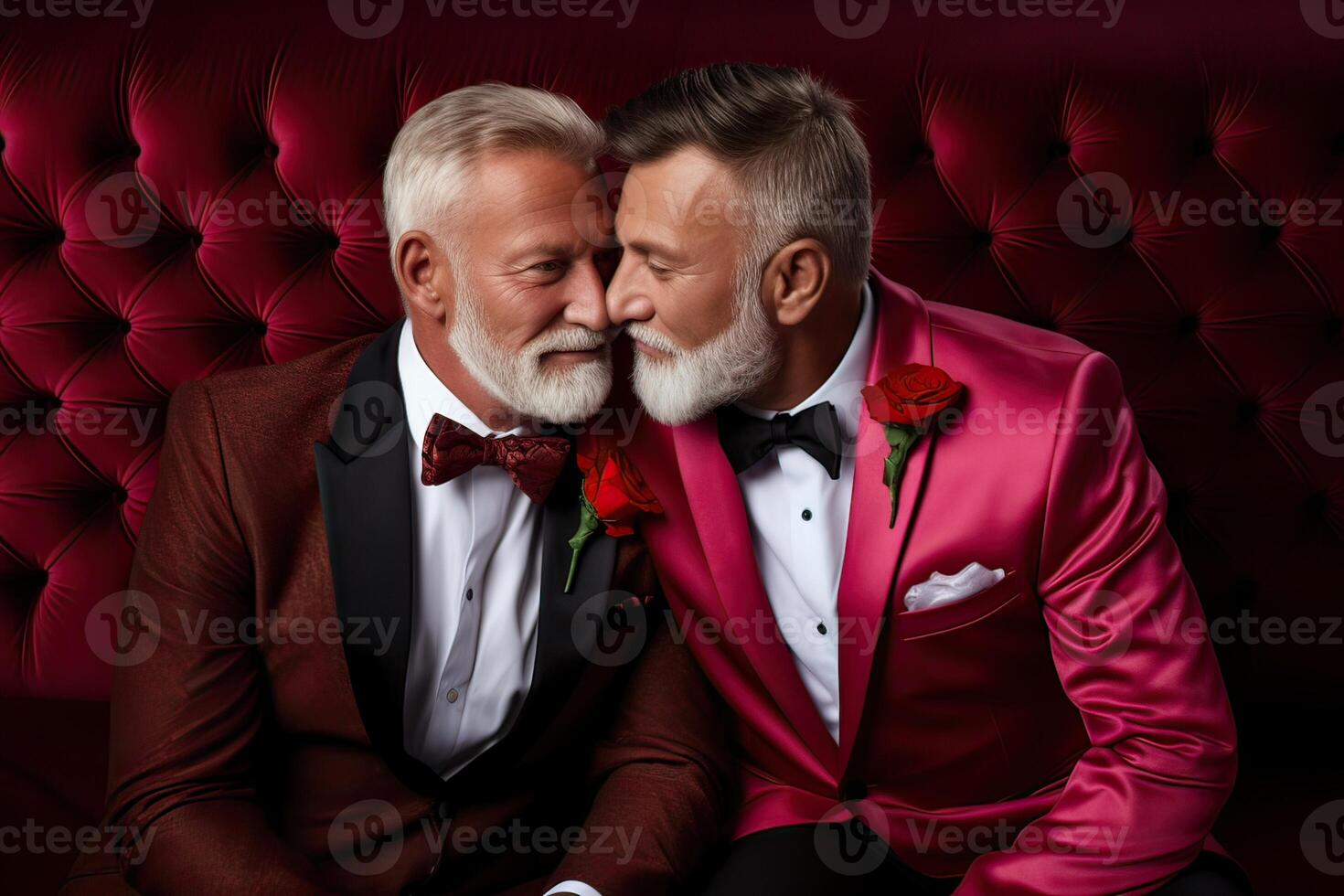 illustration of a married, elderly gay male couple embrace each other in a show of love and affection photo