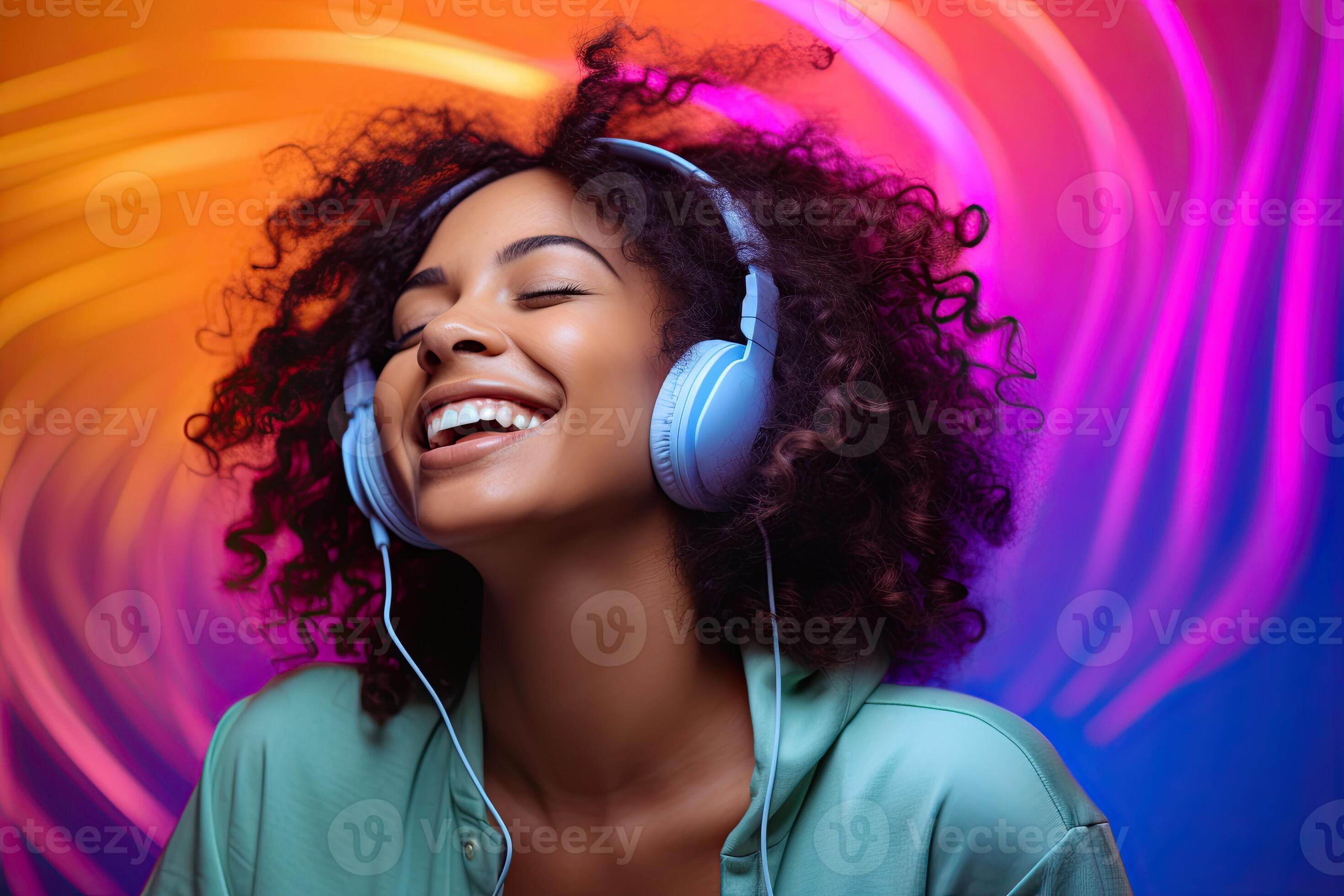 illustration of smiling woman listening to music positive and joyful