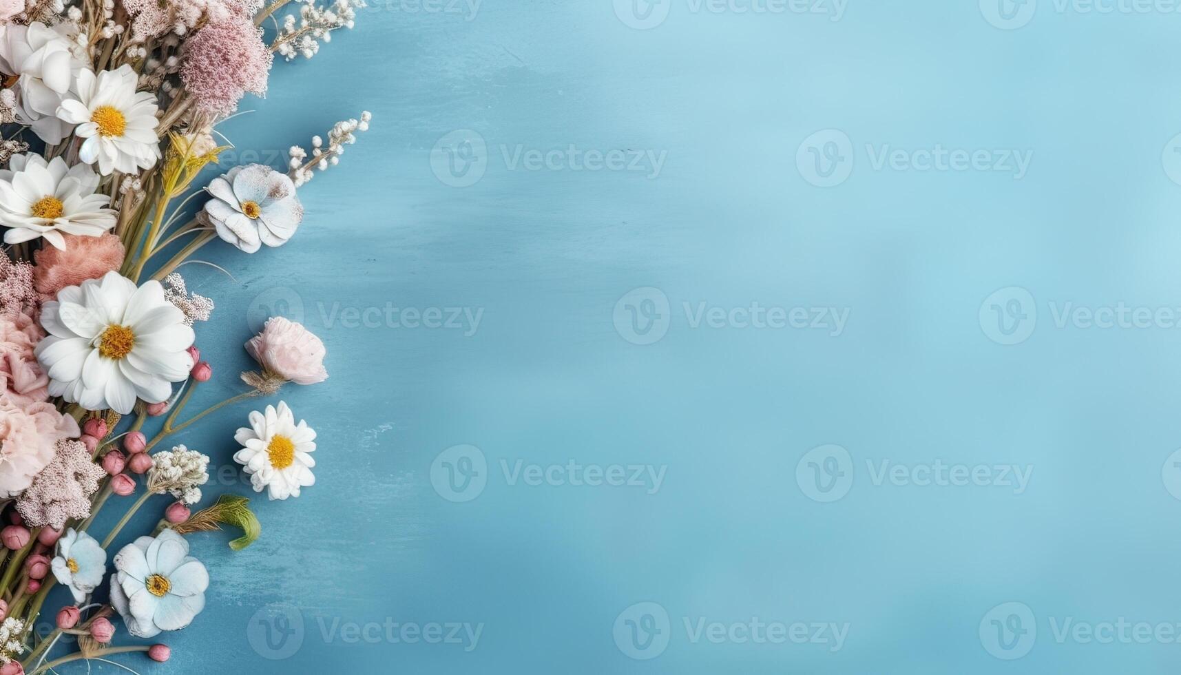 illustration of many small beautiful pink white flower blossoms on blue pastel background with copy space photo