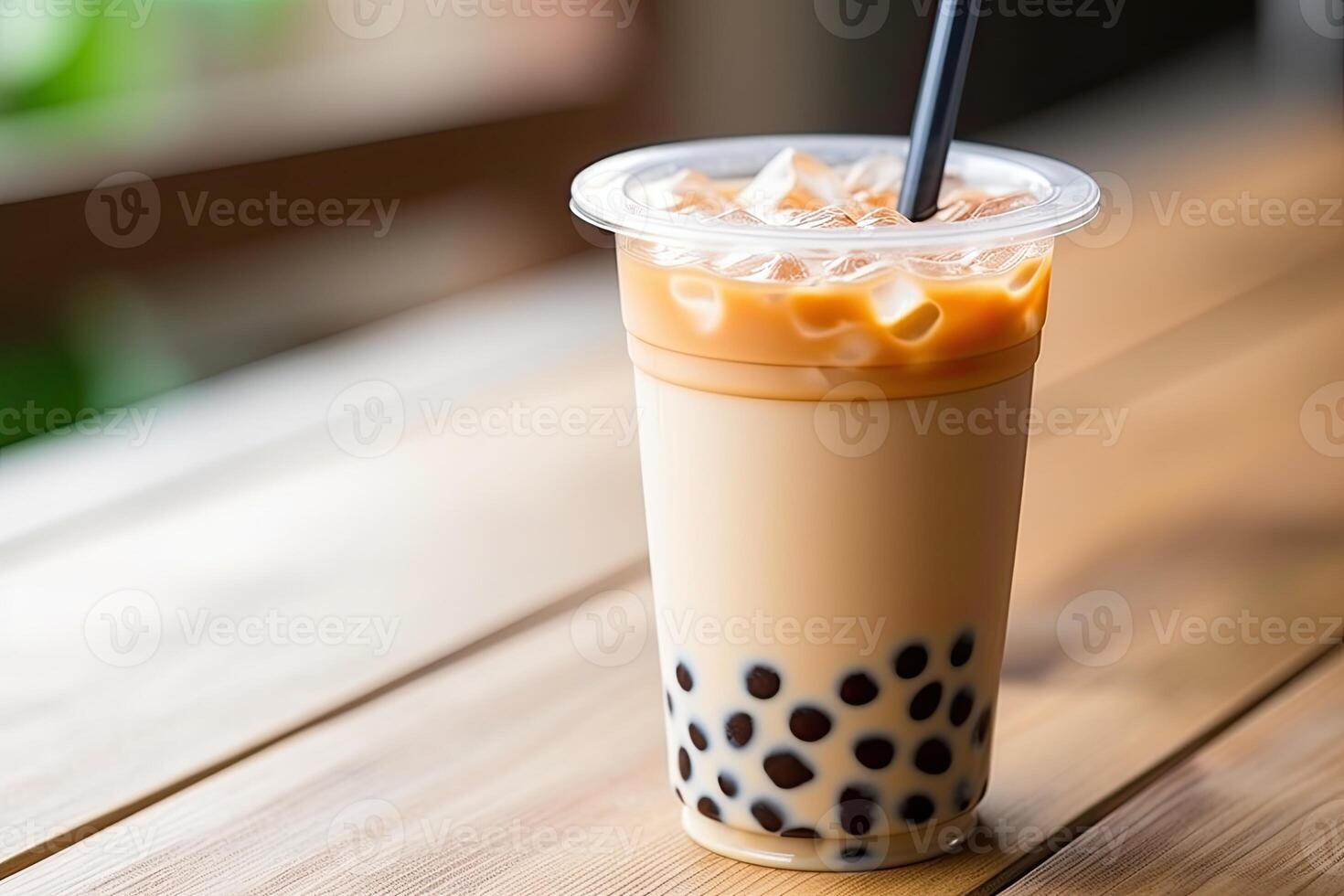 illustration of Taiwan boba milk tea with bubble on wood table photo