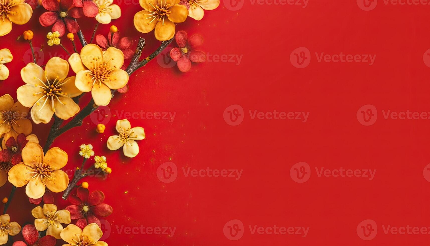 Generative AI illustration of many small beautiful yellow flower blossoms on red pastel background with copy space. photo