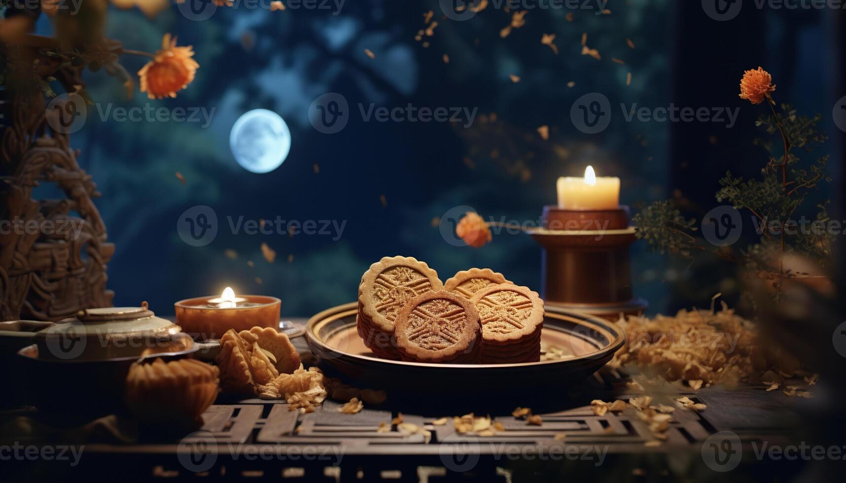 illustration of Chinese Mid Autumn Festival moon cakes arranged on a traditional Chinese porcelain plate, set on a rustic wooden table photo