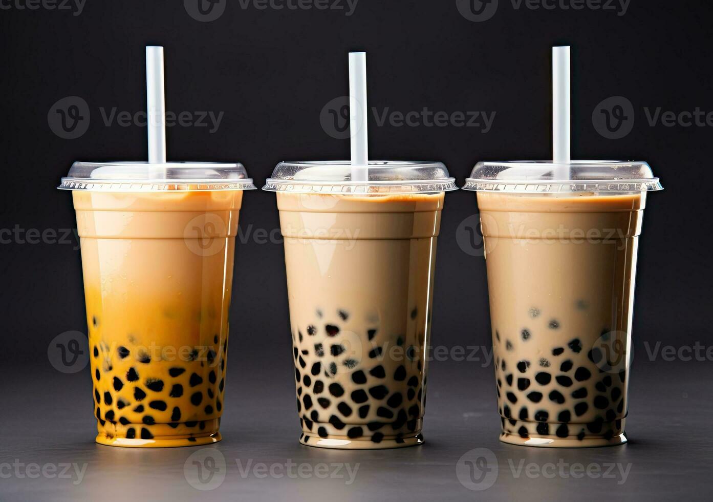 Generative AI illustration of product photo of 3 plastic cups of boba milk tea, with bubbles, fun, solid soft pastel background