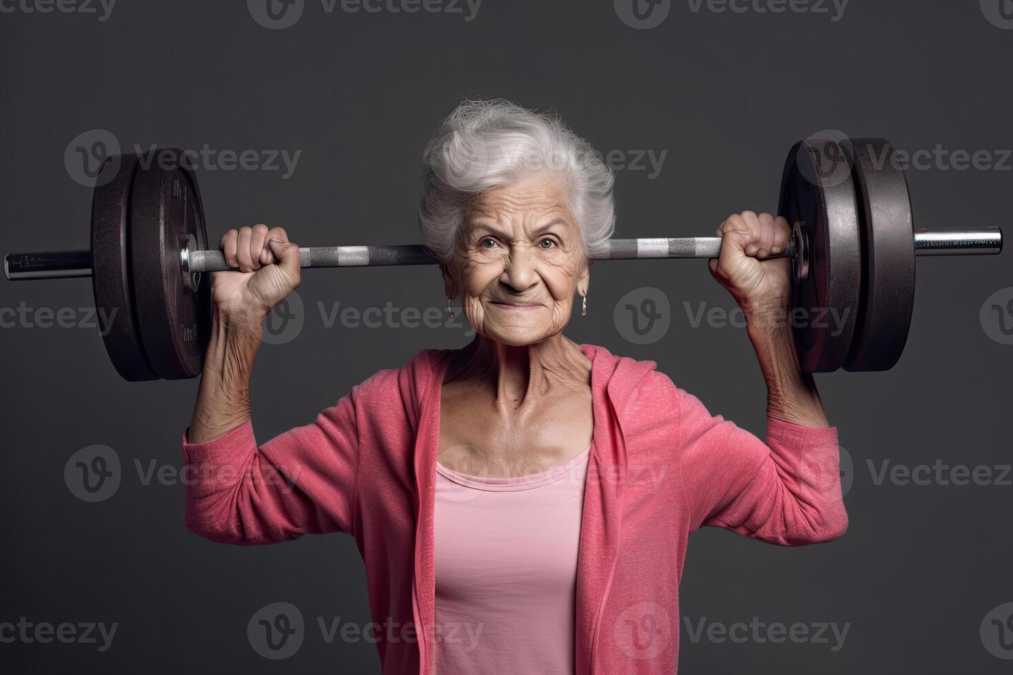 Generative AI illustration of old woman doing sport exercise, studio shot, pastel color photo