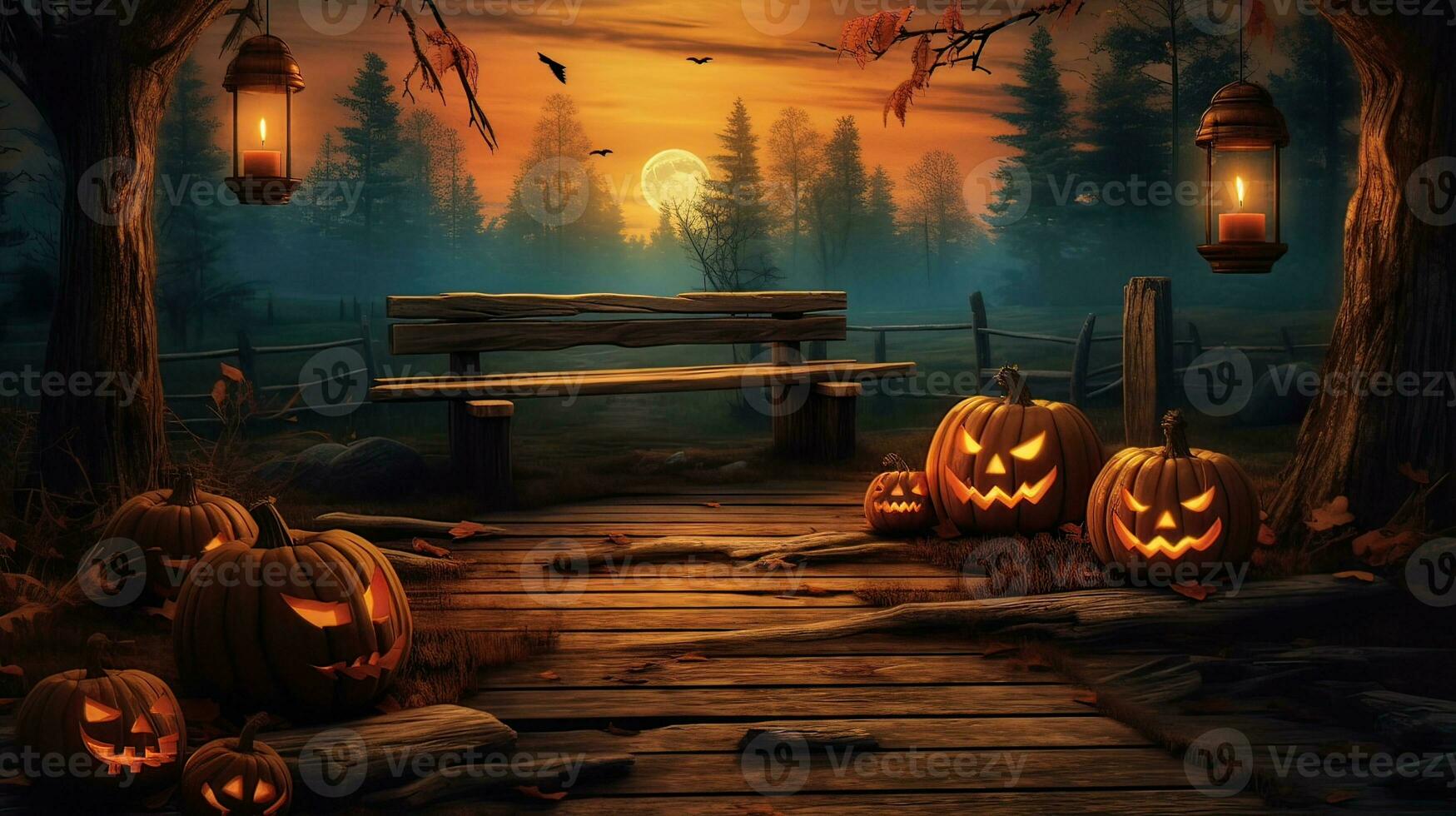 Generative AI illustration of a spooky forest sunset with a haunted evil glowing eyes of Jack O' Lanterns on the left of a wooden bench on a scary halloween night photo