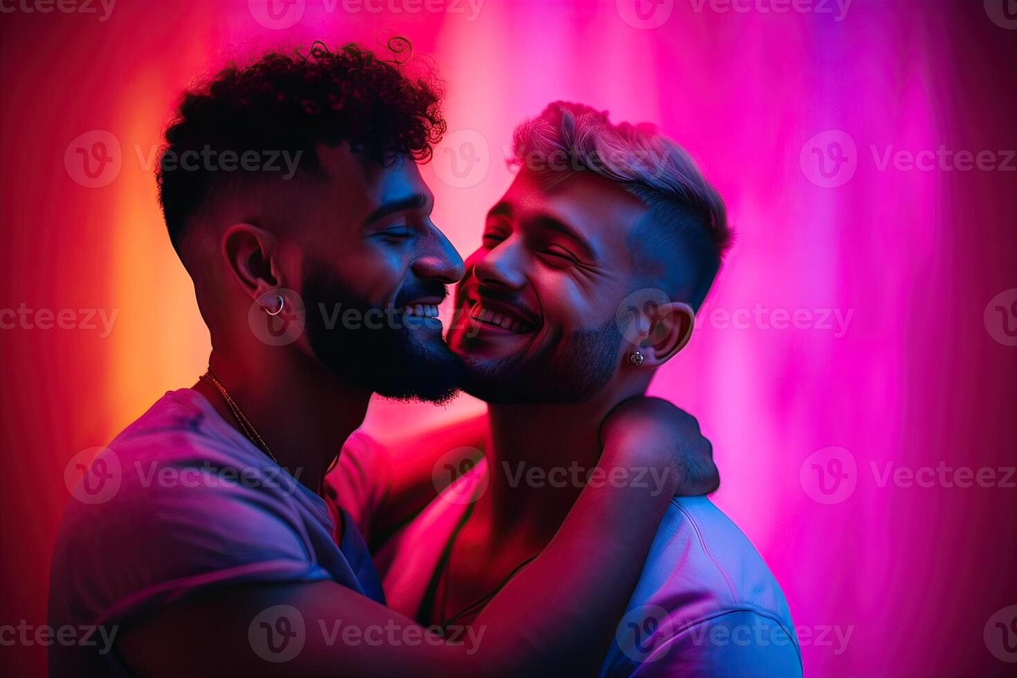 Generative AI illustration of smiling couple gay, LGBT concept, positive and joyful. Neon club color background photo